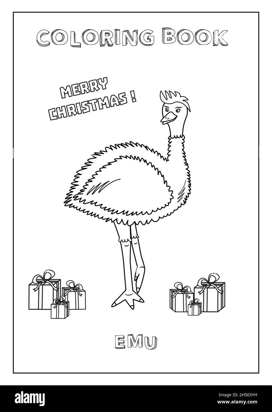 Kids coloring book merry christmas with emu and ptesents ready to print paper format a black and white made in vector stock vector image art