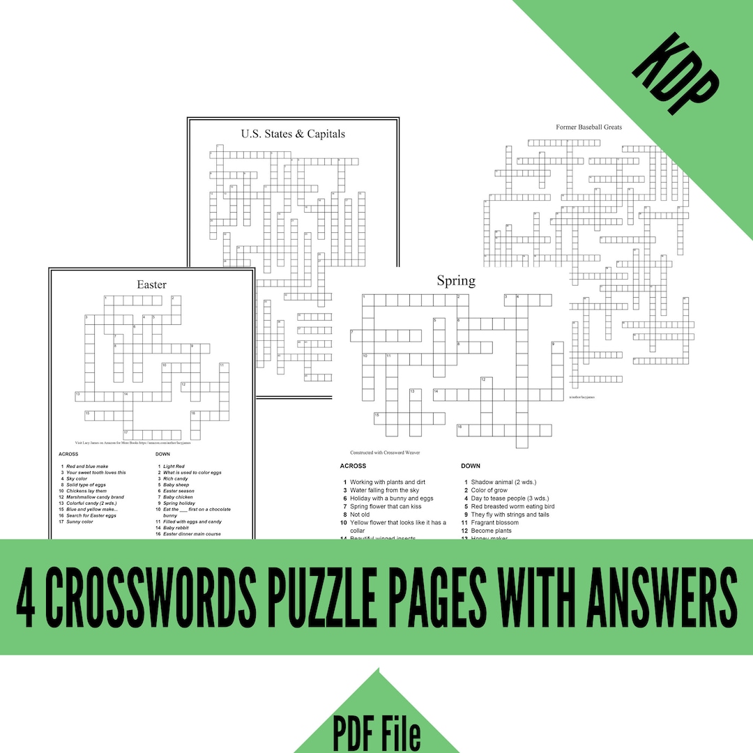 Kdp crossword puzzles with clues and answers in pdf format for creating kdp activity books spring easter baseball greats state capitals