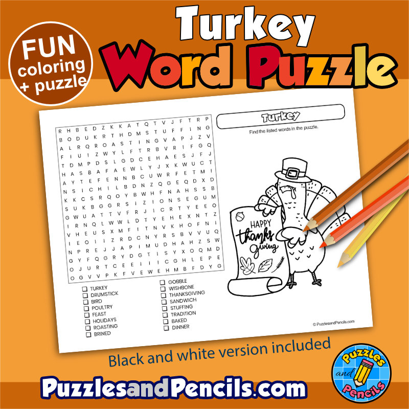 Turkey word search puzzle activity page with coloring thanksgiving made by teachers