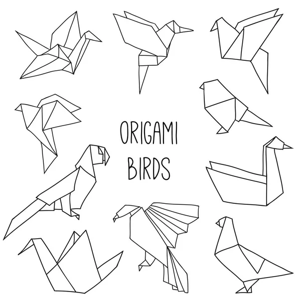 Cute collection with origami birds in a outline stock vector by lenanikolaeva