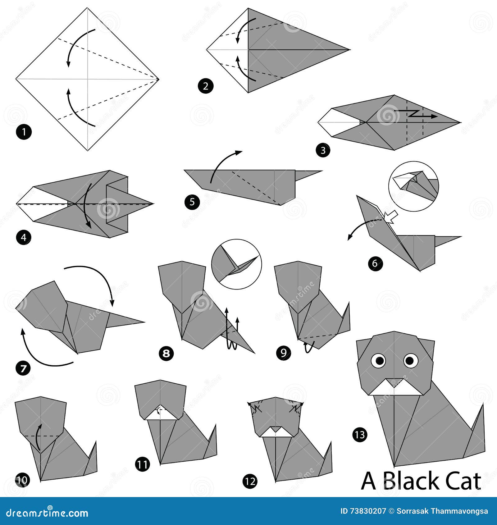Step by step instructions how to make origami a black cat stock vector