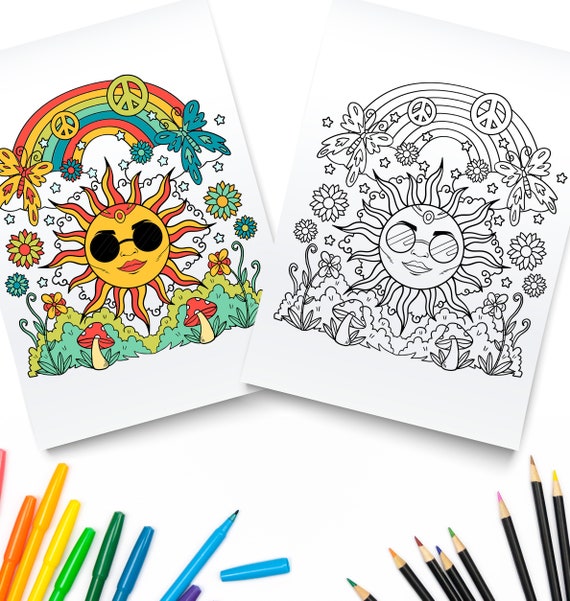 Hippie printable coloring pages sun rainbow digital download trippy coloring book instant download