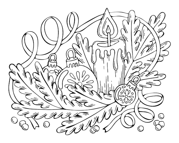 Premium vector christmas coloring page burning candle with fir branches and toys hand drawn line art winter vector illustration happy holiday