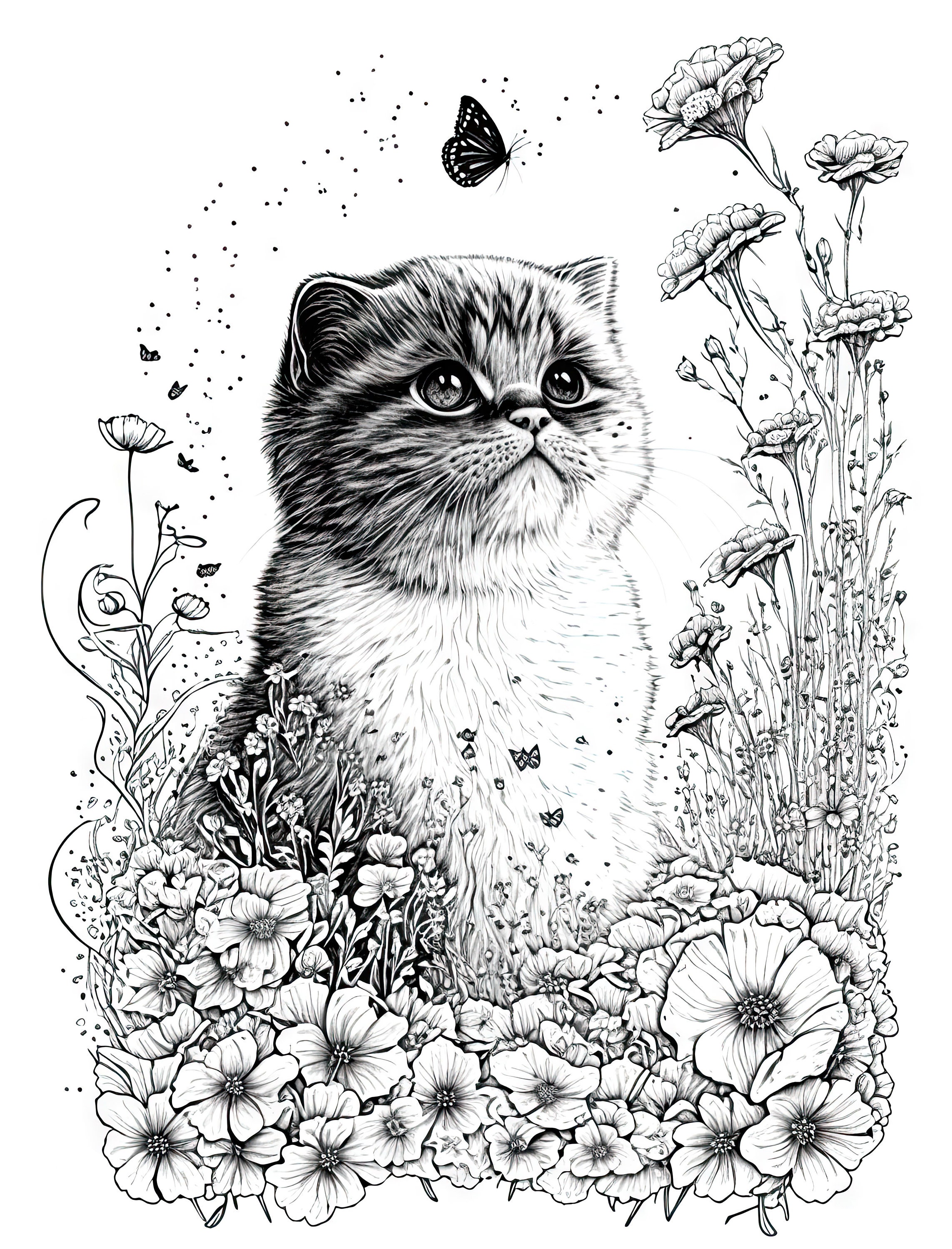 Scottish fold cat coloring sheet ai generated coloring page of an adorable scottish fold kitty with flowers instant download