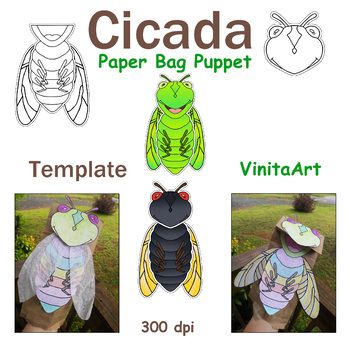 Cicada paper bag puppet craft template paper bag puppets origami insects puppets