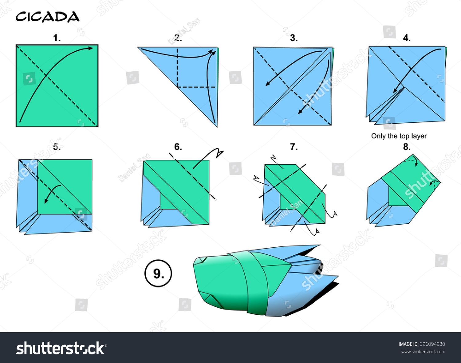 Origami diagram origami cicada insect origami stock illustration