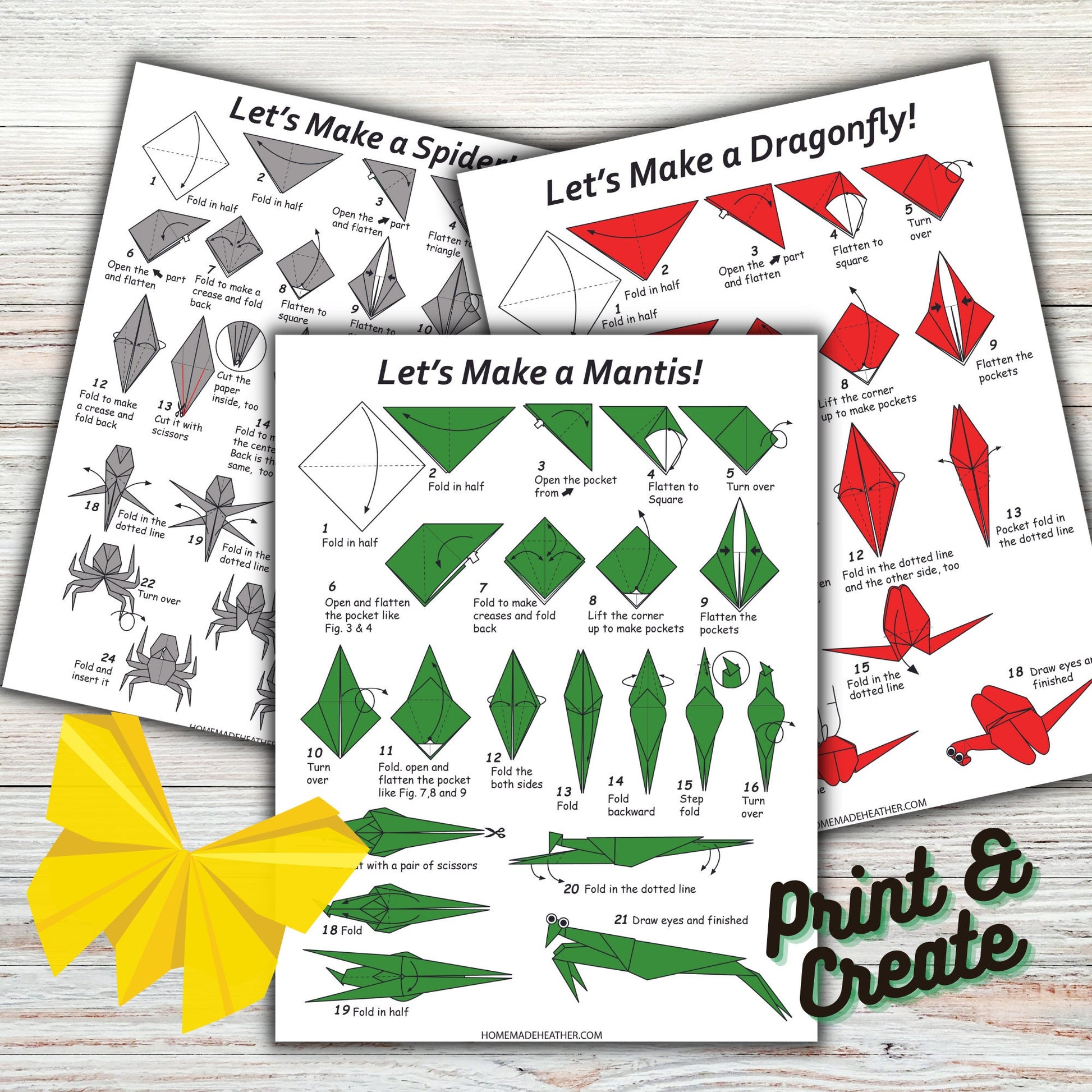 Origami insect printable pages