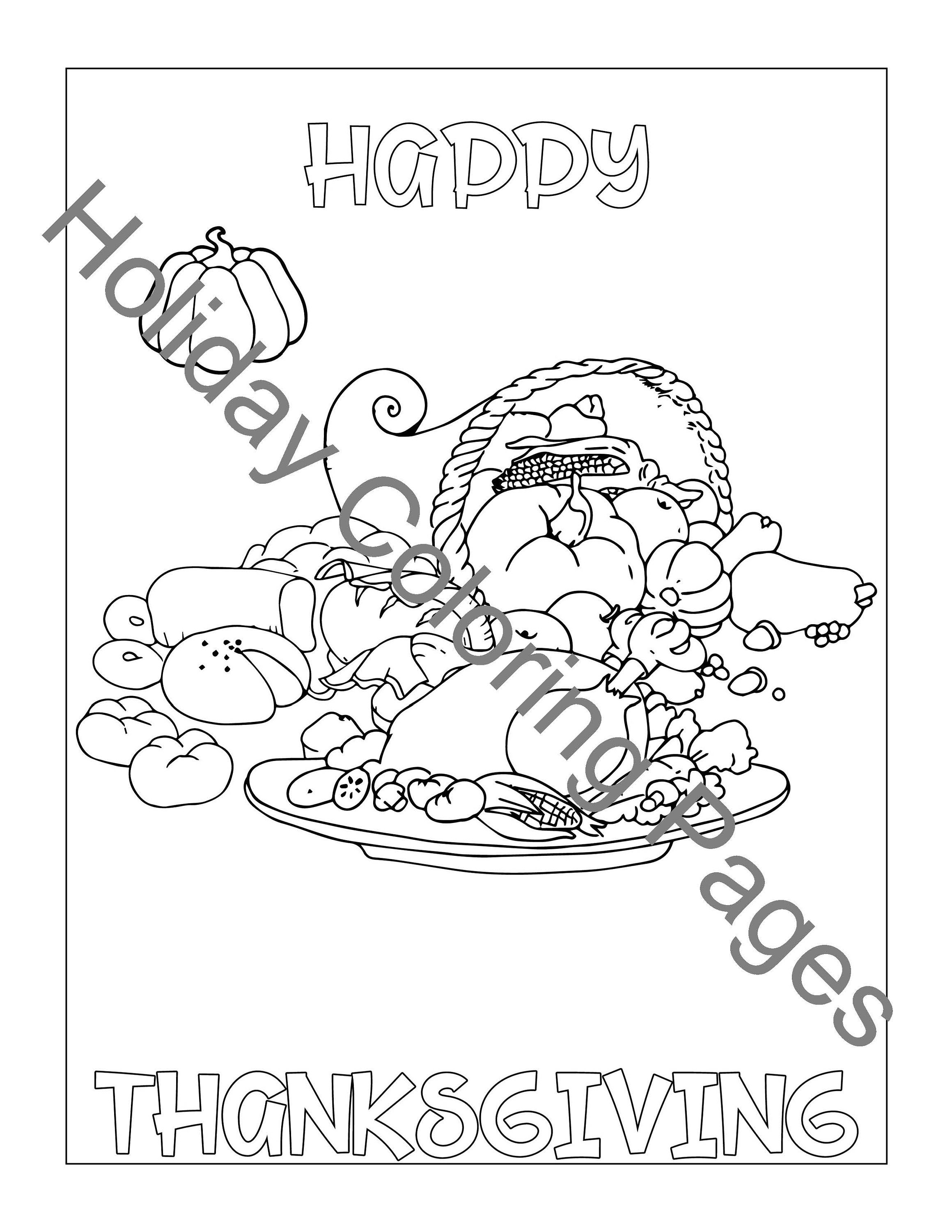 Thanksgiving dinner and cornucopia coloring page