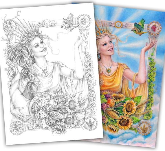 Buy adult coloring page of grayscale portrait of girl with cornucopia and a bird pdf printable digital download online in india