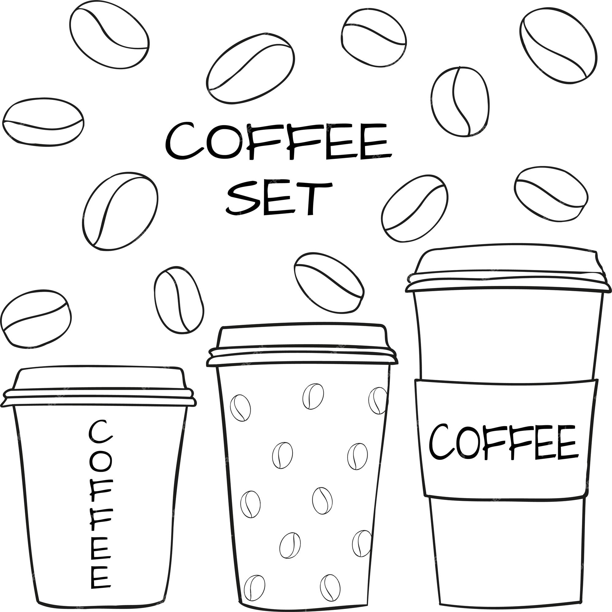 Premium vector set coffee beans paper cups doodle sketch style vector