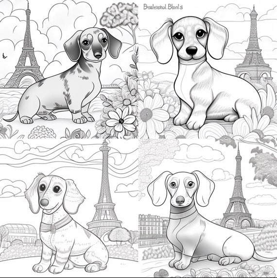 Printable dog coloring book pages dachshund in paris
