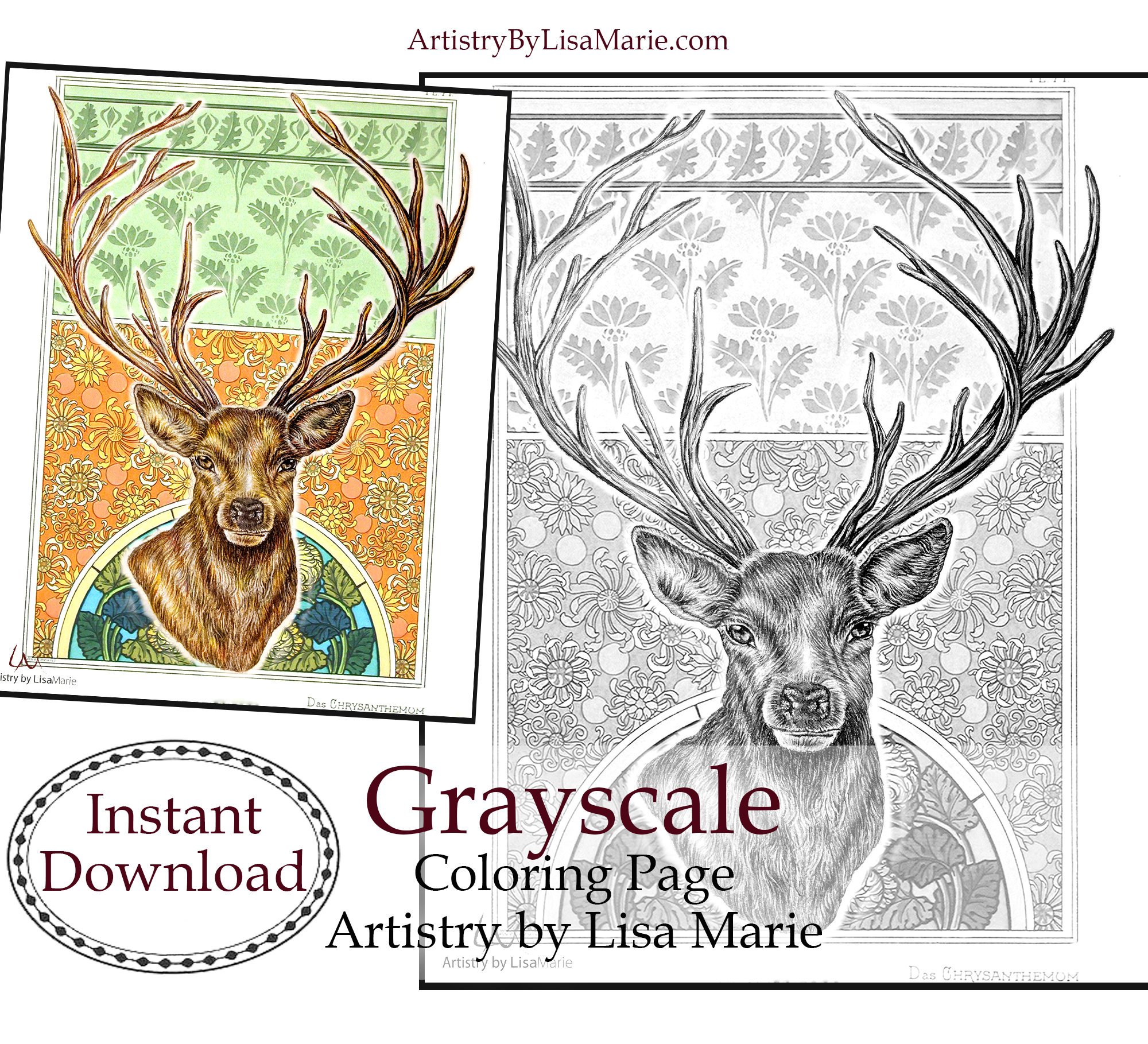Coloring pages for adults deer print adult coloring pdf coloring book sheet woodland animals stag grayscale