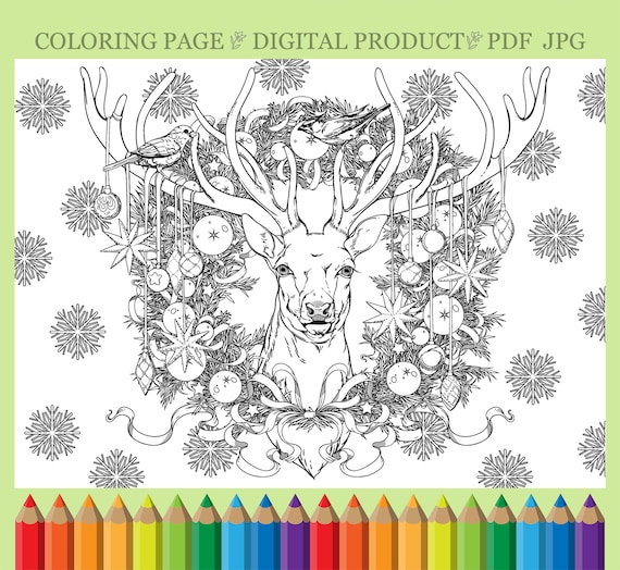 Christmas coloring page with deer pdf printable coloring page adult coloring page digital download instant download