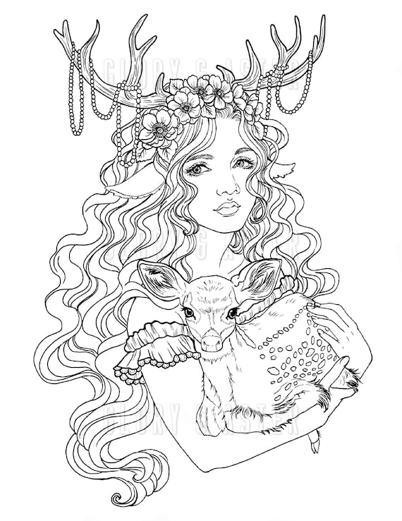 Fawn coloring page coloring sheets fantasy coloring page instant download portrait coloring adult coloring book
