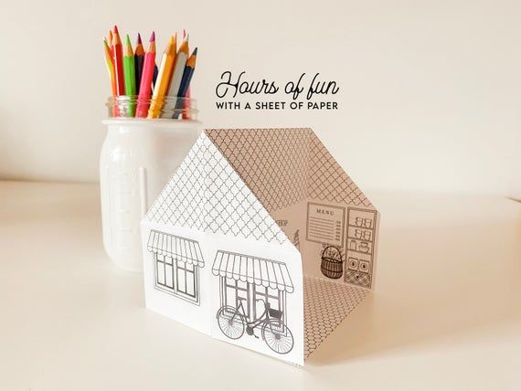 Printable origami bakery sweet shop coloring page kids activity instant download paper dollhouse paper craft