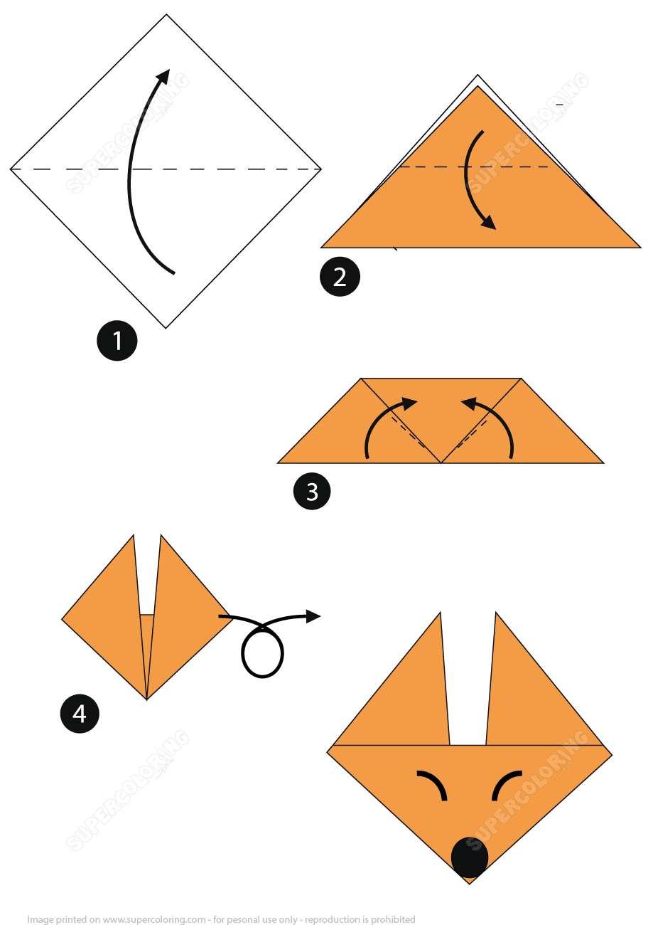 Origami step by step instructions of a fox face free printable papercraft templates