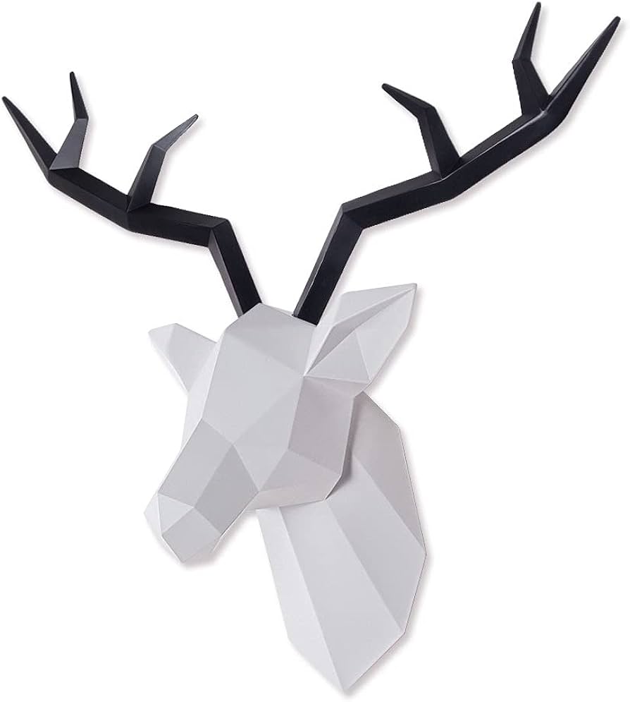 Tiancentral h deer head wall decor faux taxidermy resin animal head wall art geometric white deer head black antlers for office bar holiday home decoration home kitchen