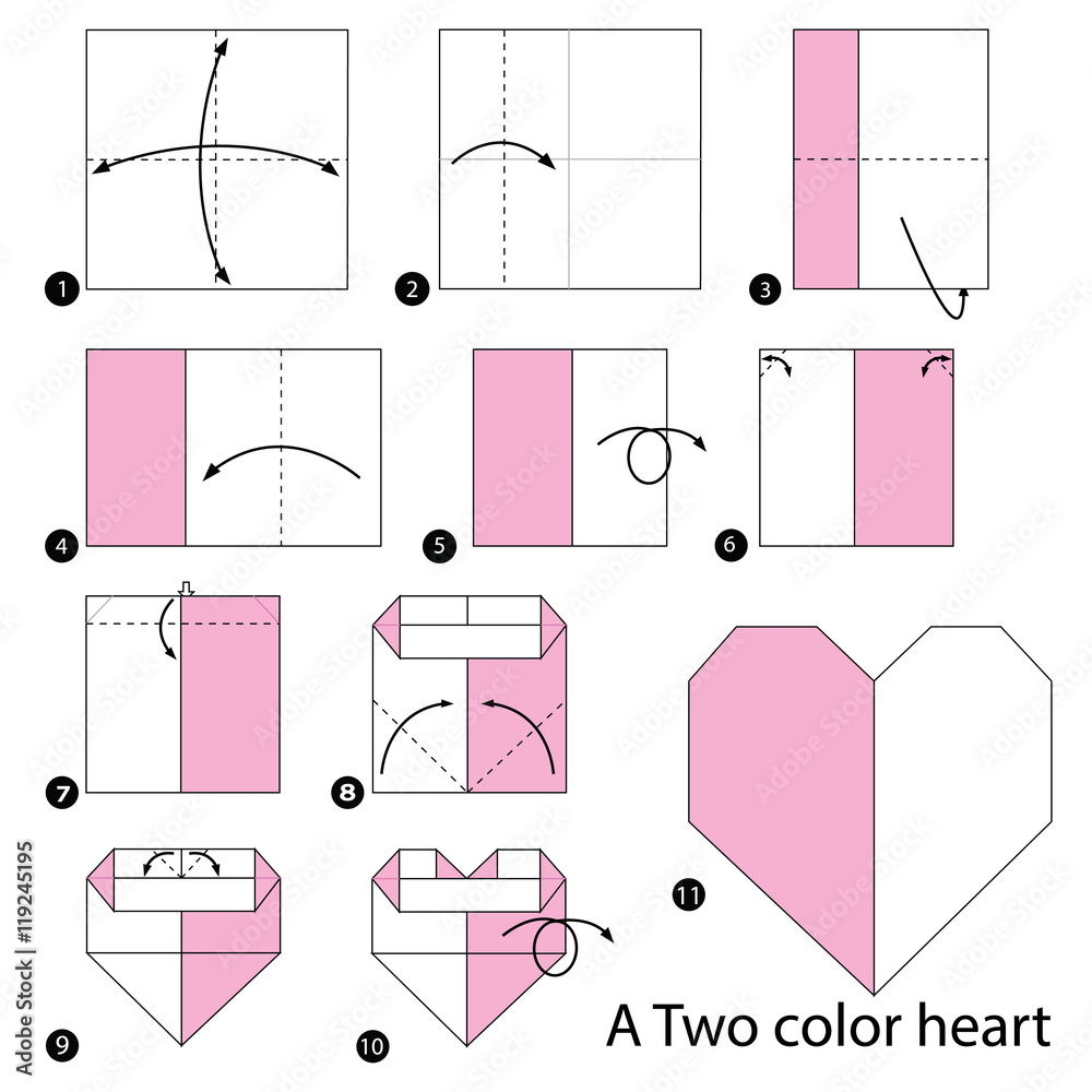 Step by step instructions how to make origami a two color heart vector
