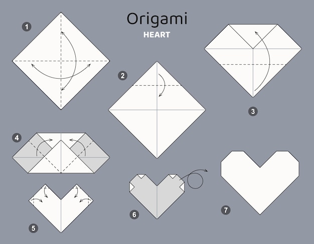 Premium vector tutorial heart origami scheme isolated origami elements on grey backdrop origami for kids