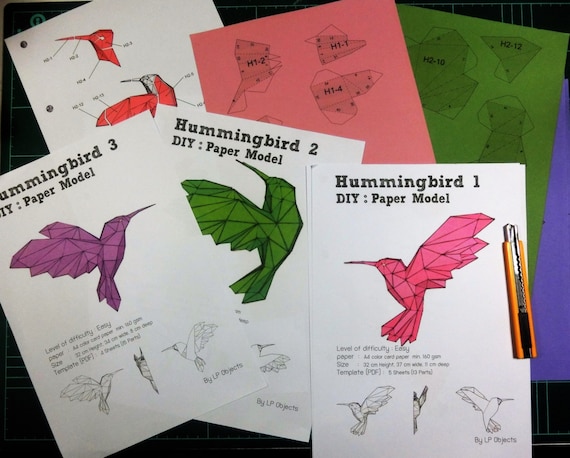 Hummingbird paper craft digital template origami pdf download diy low poly wall decor wall art