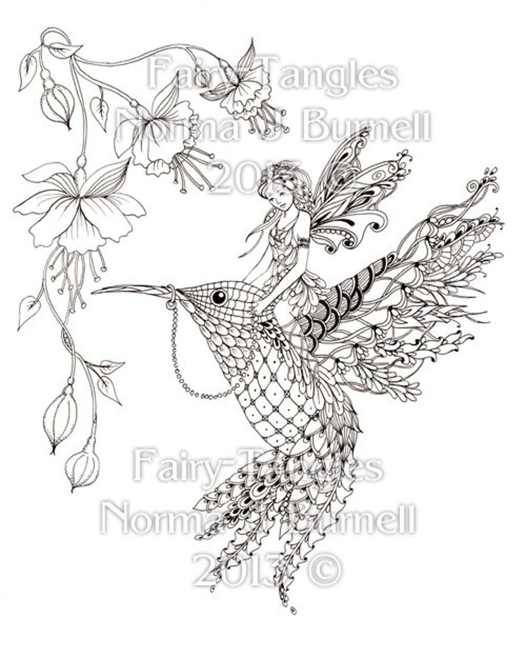 Magical ride fairy tangles printable adult coloring book pages fairies hummingbird flowers digital coloring sheets by norma j burnell