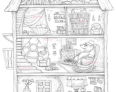 Coloring page digital stamp digi home mouse kitchen bedroom loft library whimsy line art mole house instant download