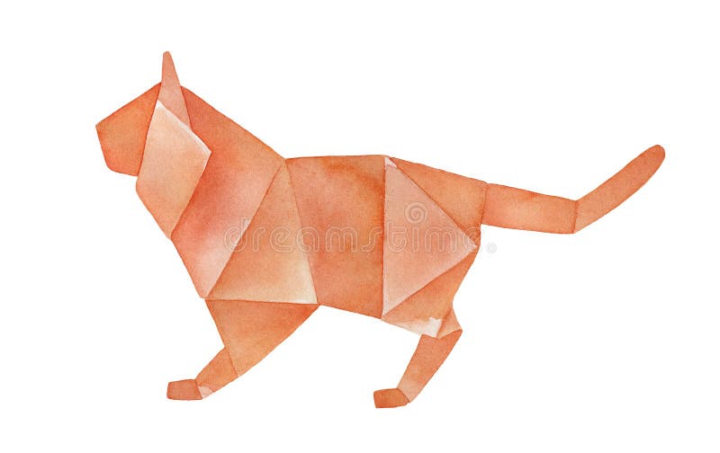 Watercolour sketch of orange folded origami tiger stock illustration