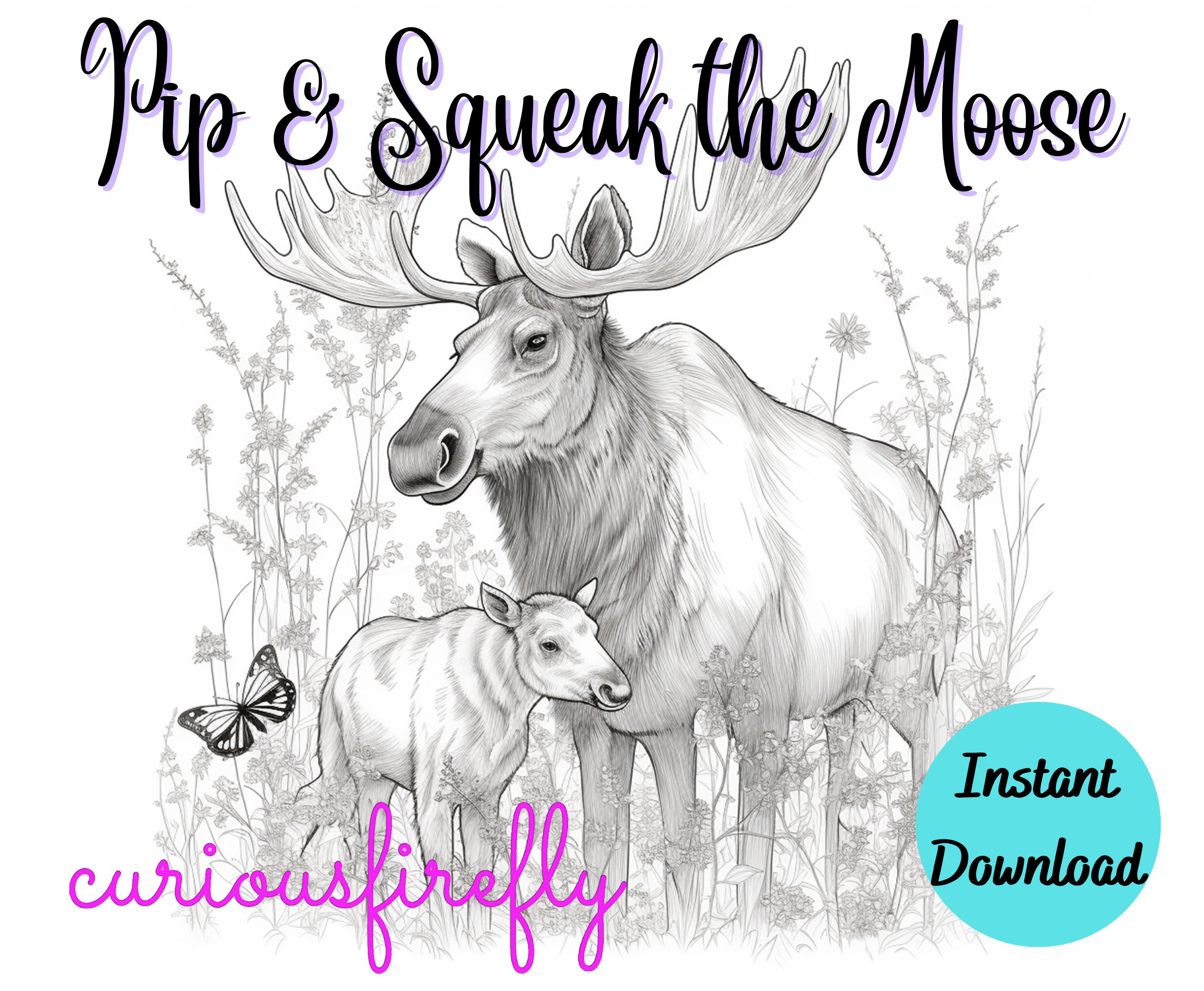Coloring page for adults mama baby moose grayscale coloring page instant download curious firefly design jpeg pdf download now