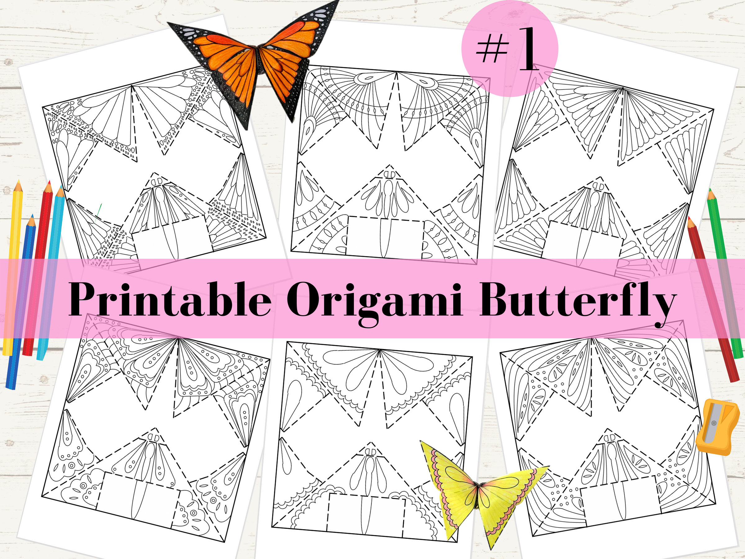 Origami butterfly coloring pages set printable paper crafts adult coloring and kids activity