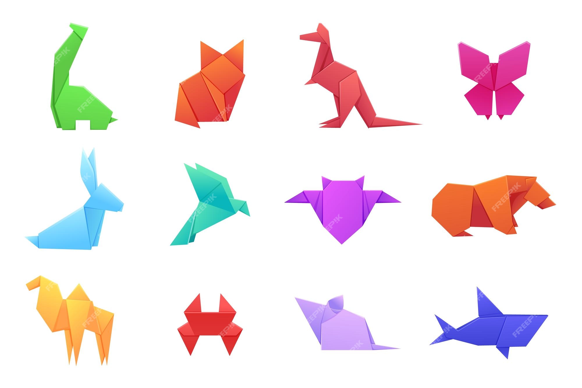 Premium vector animal origami paper color figure butterfly and kangaroo nature art bird icon flamingo or hare isolated fox and hare polygon folded toys set japanese hobby vector flat illustration