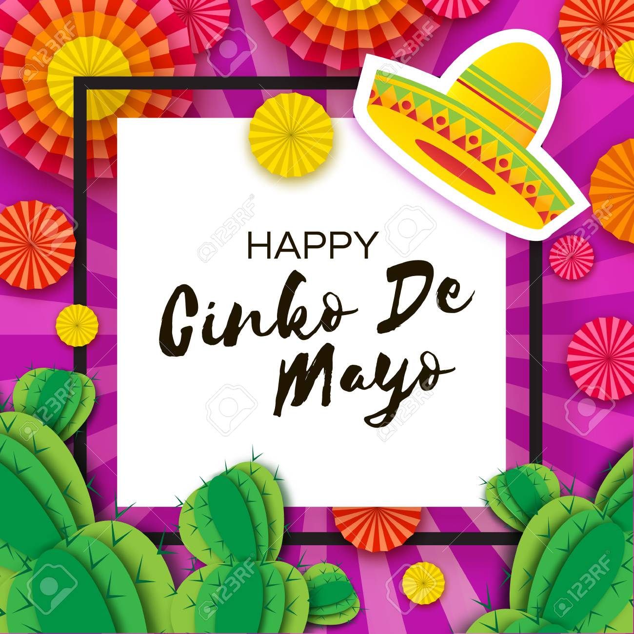 Happy cinco de mayo greeting card colorful paper fan and cactus in paper cut style origami sombrero hat mexico carnival square frame on purple space for text royalty free svg cliparts vectors