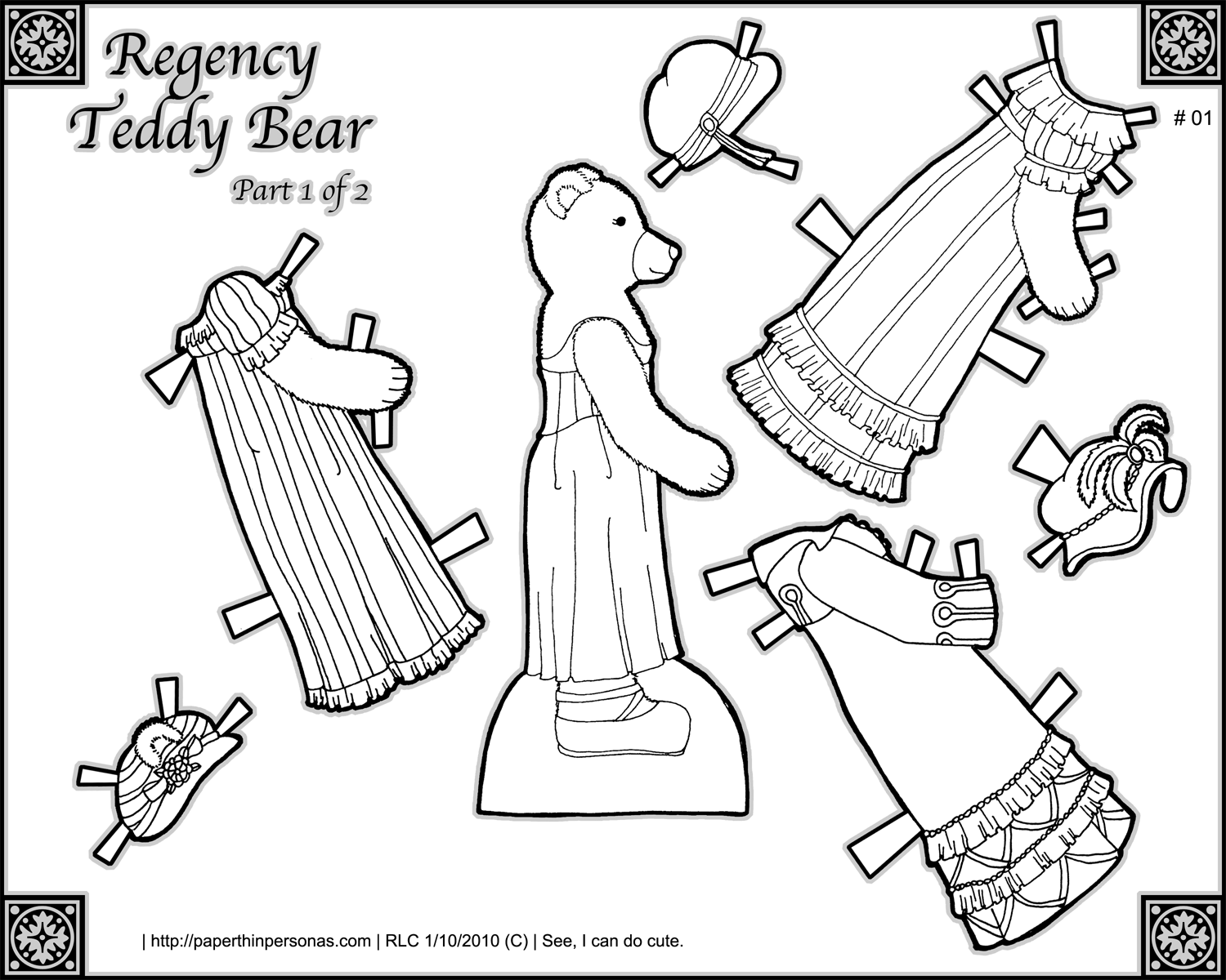 Printable regency teddy bear paper doll coloring page