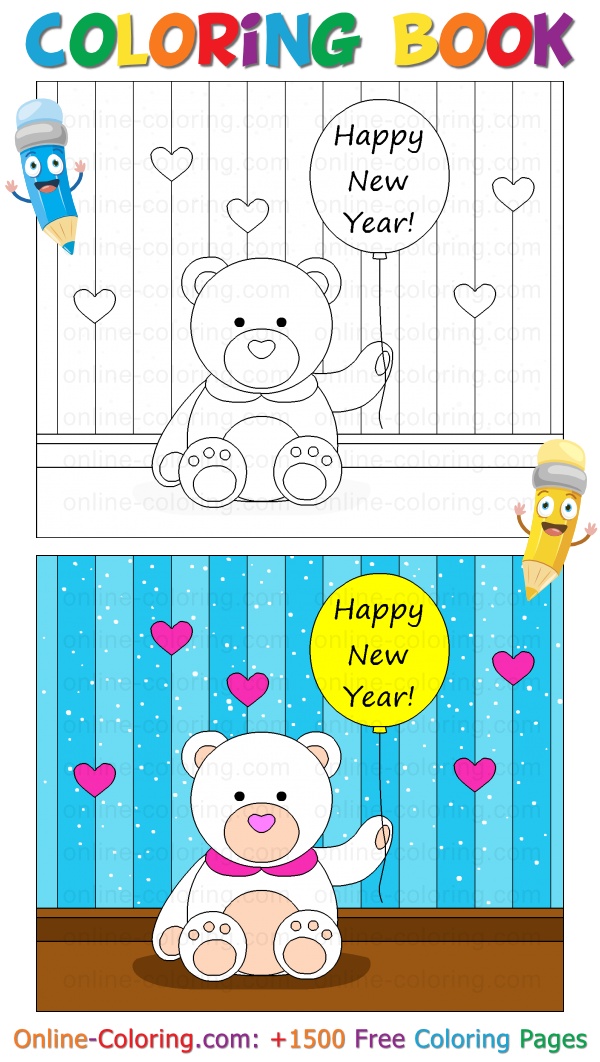 A teddy bear wishing you a happy new year free online coloring page