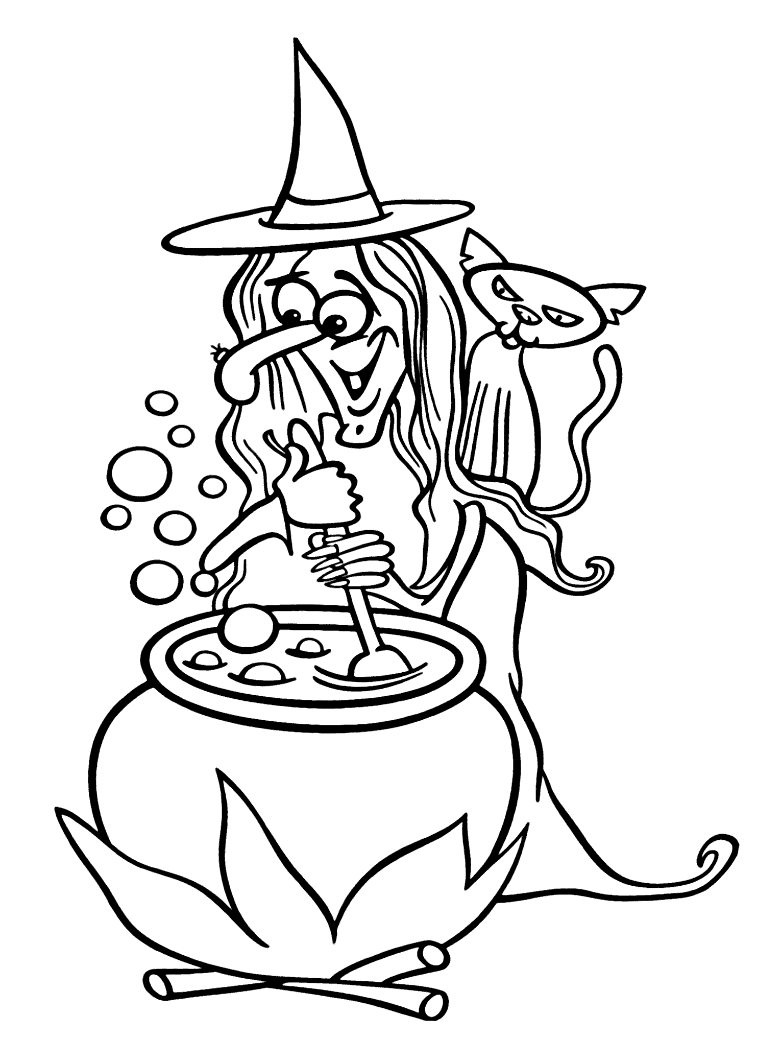 Funny halloween witch and cat coloring page for kids printable free