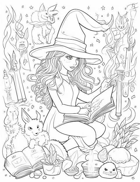 Premium ai image a coloring page with a witch reading a book and a cat generative ai