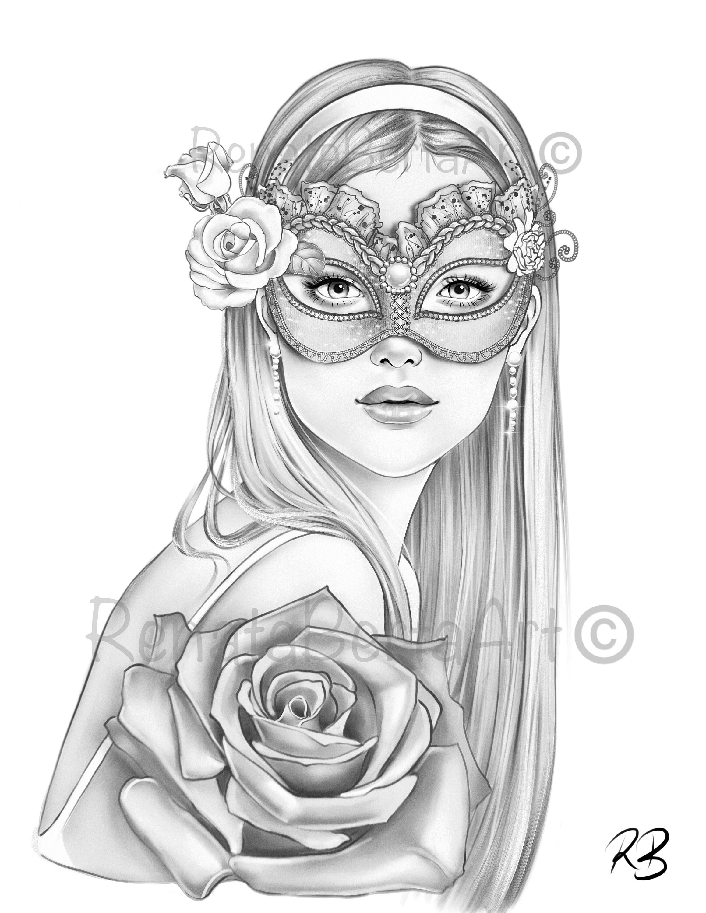 Buy mysterious flower lady premium grayscale coloring page instant download coloring page printable portrait online in india