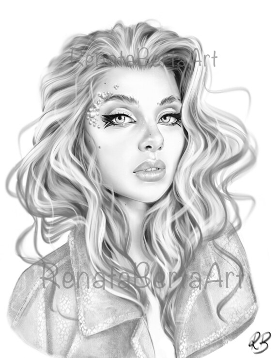 Pearl premium grayscale coloring page instant download coloring page printable woman portrait
