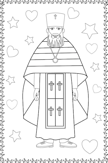 Premium vector christian orthodox priest with heart colorless black and white coloring book page for kids