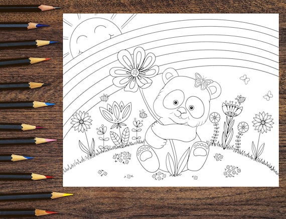 Panda y flores dibujo para colorear descarga instantãnea