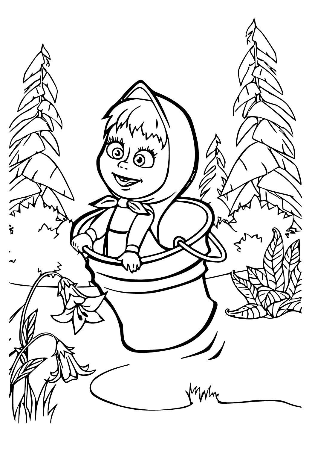 Free printable masha and the bear bucket coloring page for adults and kids