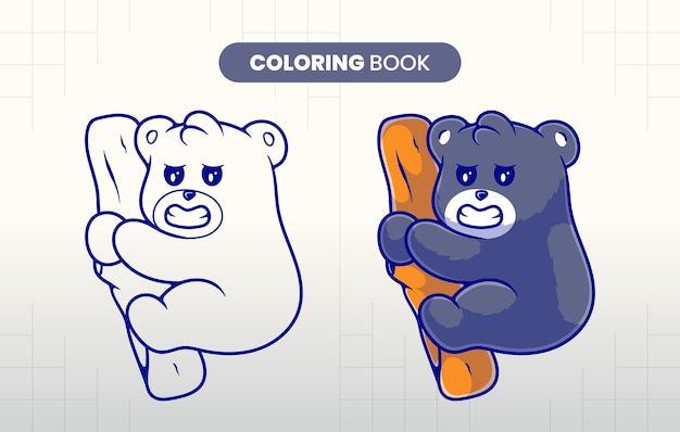 Lindo oso perezoso dibujado a mano calando un libro de colorear de ilustraciãn de ãrbol para que los niãos completen vector premium