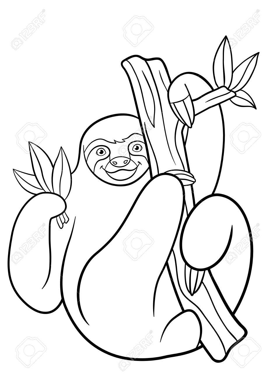 Coloring pages cute lazy sloth hangs on the tree and smiles royalty free svg cliparts vetores e ilustraããµes stock image