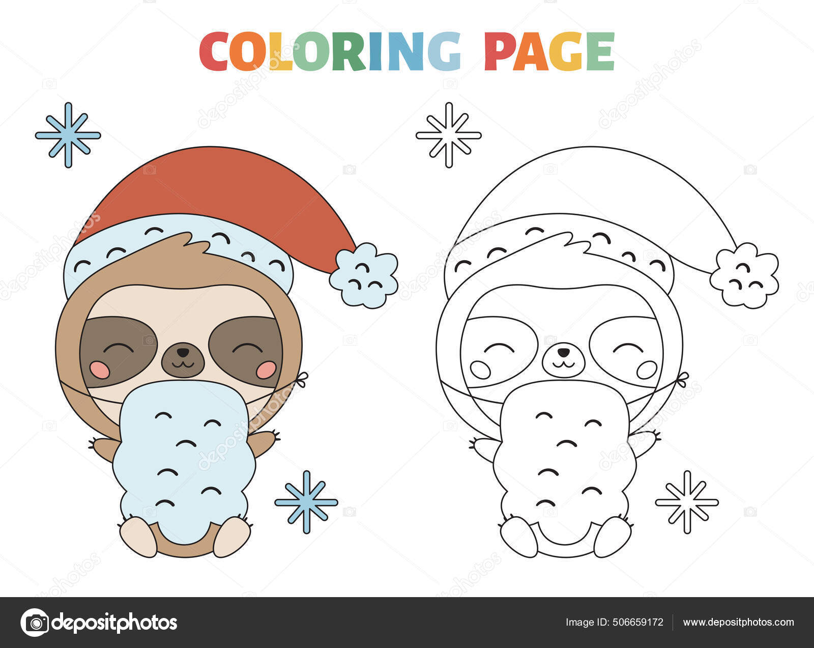Pãgina para colorear con perezoso lindo en traje de santa claus personaje de dibujos animados kawaii