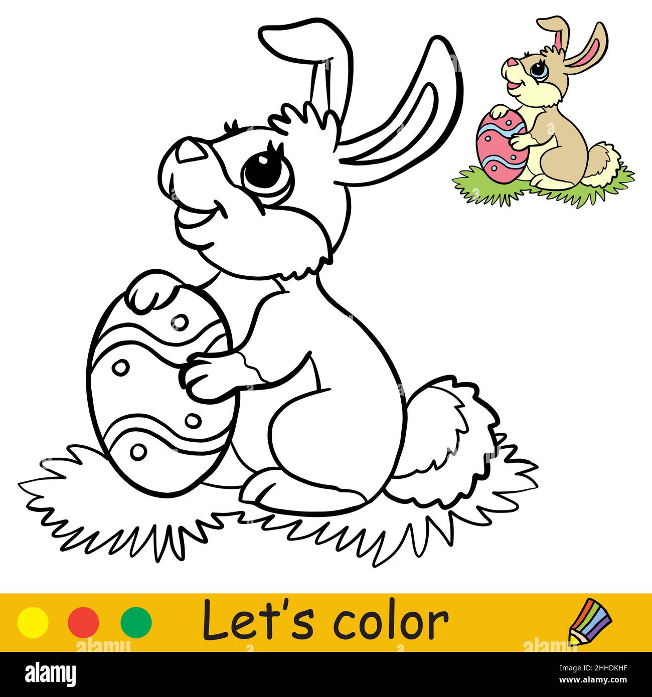 Niedlicher osterhase mit osterei malbuch seite mit farbvorlage vektorgrafik cartoon