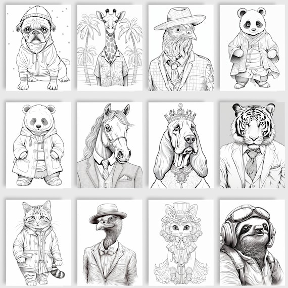 Animals in clothes grayscale coloring book pages adult coloring digital download pdf animals in clothing giraffe dog cat ostrich instant download