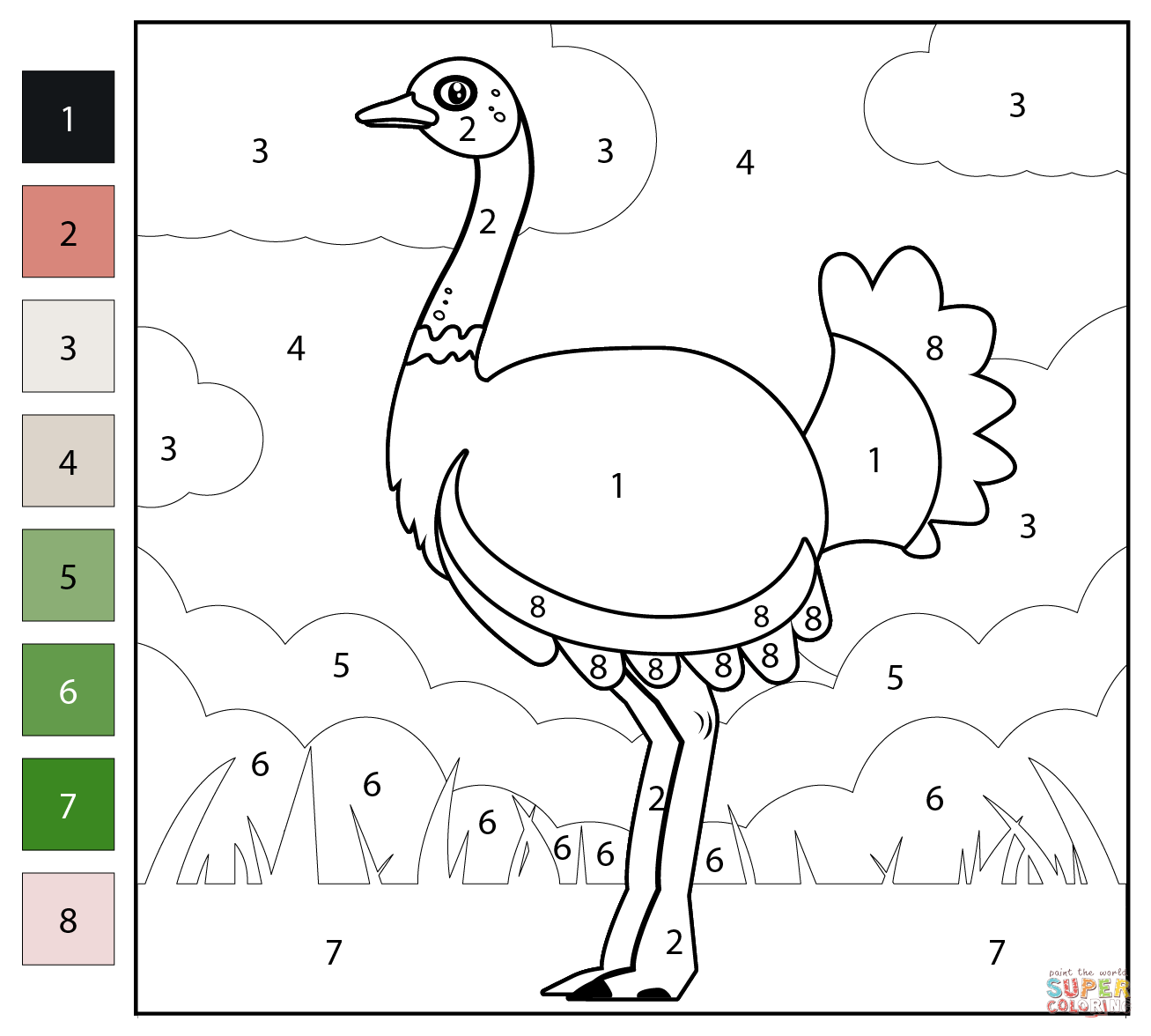 Ostrich color by number free printable coloring pages