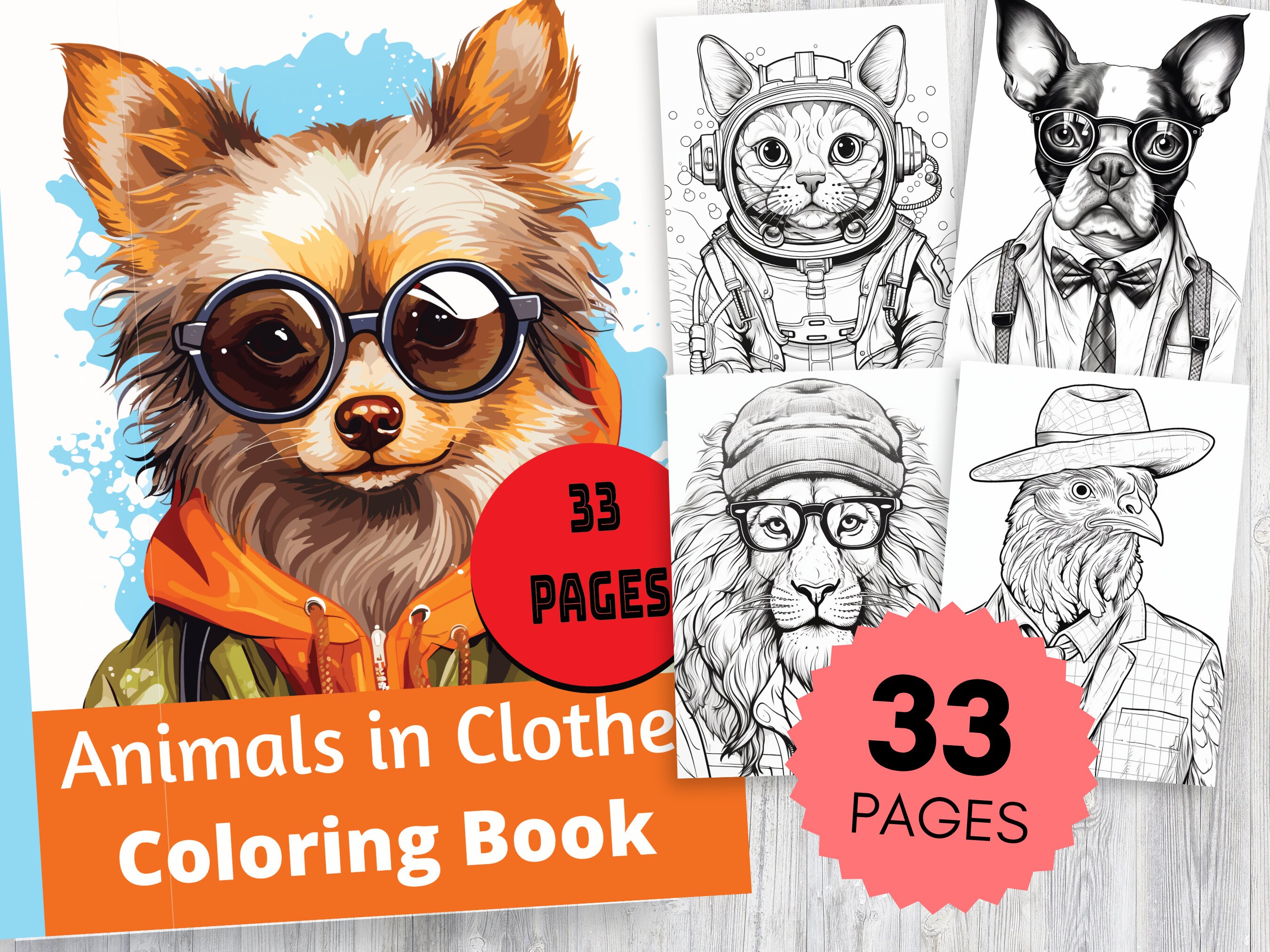 Animals in clothes grayscale coloring book pages adult coloring digital download pdf animals in clothing giraffe dog cat ostrich instant download