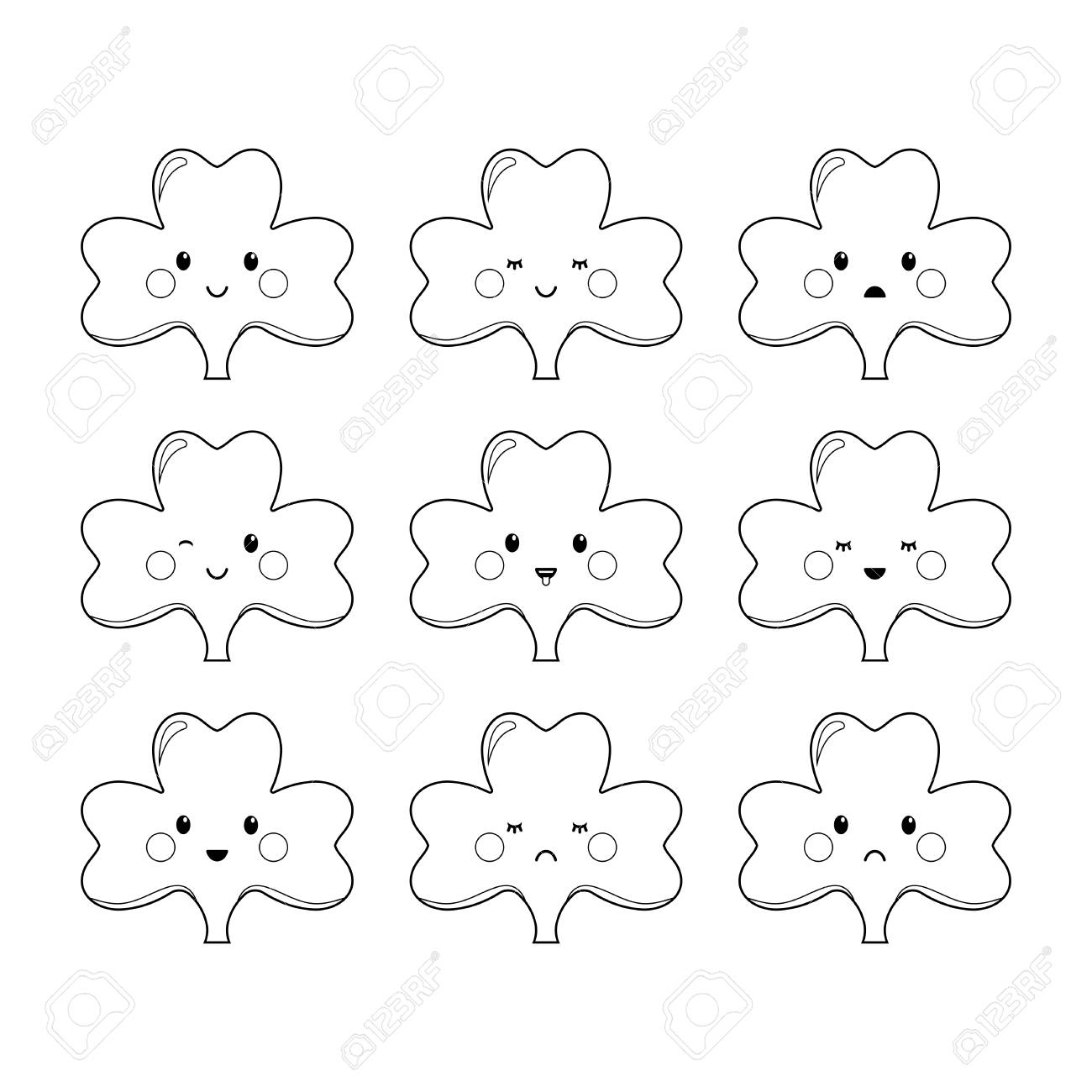 Clover emoticons or emoji characters for st patricks day black and white illustration for coloring book digital stamps vector royalty free svg cliparts vectors and stock illustration image
