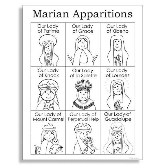 Blessed virgin mary marian apparitions coloring page activity catholic bulletin board poster home altar print homeschool printable
