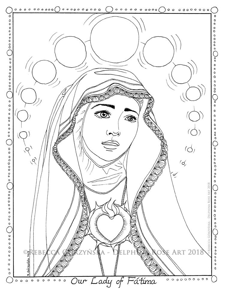 Our lady of fatima coloring page mary queen of heaven marian christian catholic art